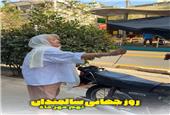 اهدای شاخه های گل رز در خیابان ولیعصر تهران ، توسط سالمندان. برای حال خوب محله